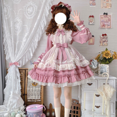 Lotata Mori Girl Theme Women's Lolita OP Long Sleeve Dress & Apron 4 Colors