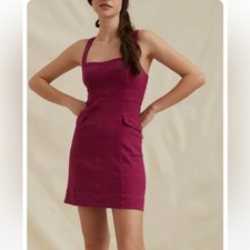 Anthropologie Square Neck Linen Mini Cargo Dress Pockets Pink Rose Size 6 NWT