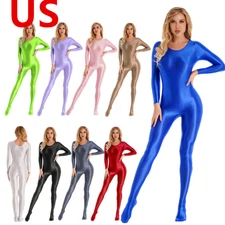 US Womens Bodysuit Shiny One Piece Long Sleeves Full Body Jumpsuit Sport Leotard