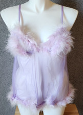 Vtg Fredericks of Hollywood 80s Babydoll Lingerie Dress Feathers Trim Purple O/S