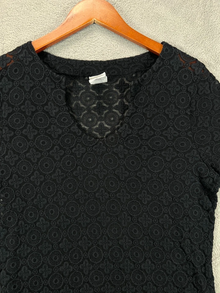 Laundry By Shelli Segal Black Full Lace Dress Scallop Womens Large 3/4 Sleeve - Image 2 of 4