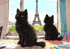 ACEO Mini *Art Print* Black Cats Baby Kittens & Paris Eiffel Tower by Saulite