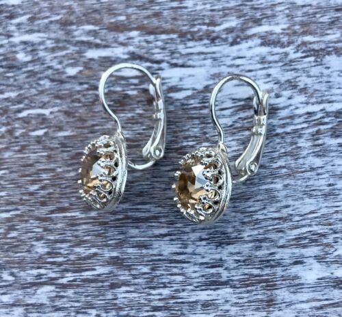 Crystal Leverback Earrings Silver Plate Fashion Made W/ Swarovski Golden Beige - Picture 2 of 5