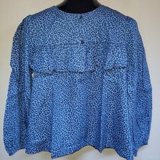 New J.Crew Womens XL Ruffle-front Top Blouse Leopard Chambray Blue AS269 SRP 89