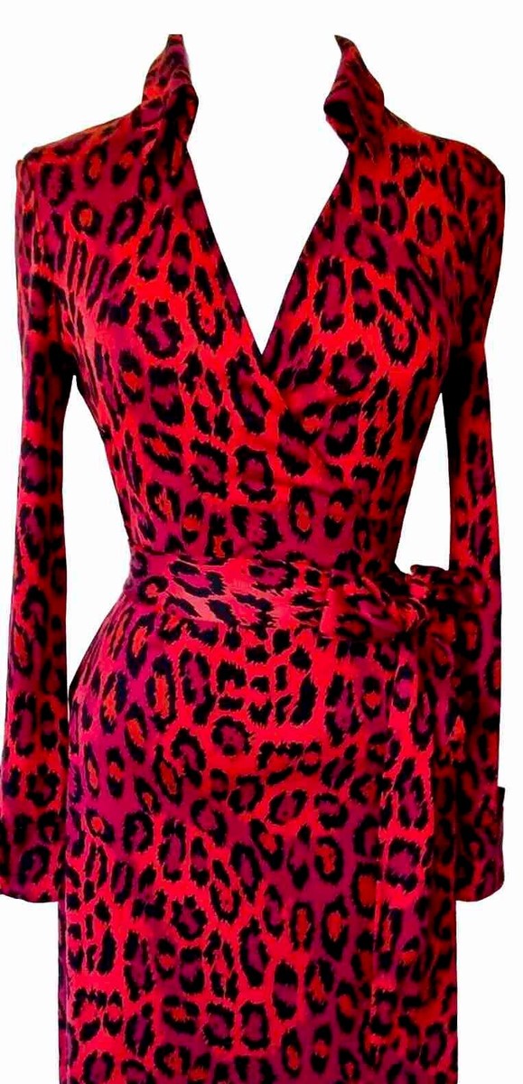 dvf wrap dress red DIANE VON FURSTENBERG DVF VTG RED LEOPARD SPOTTED CAT SILK WRAP DRESS 2 0