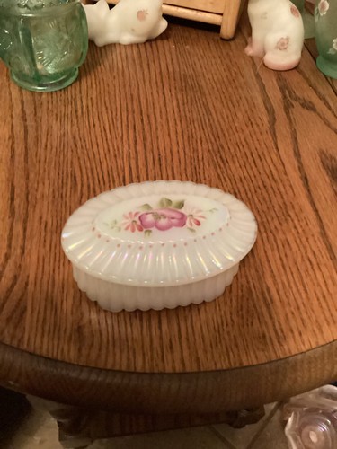 Fenton White Iridescent Opalescent Oval Trinket Box w/Pink Floral - Picture 2 of 5