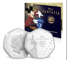 Disney 80 Years Fantasia Mickey Mouse 50p Shaped Collectable Silver Plated Coin