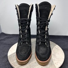 Veronica Beard Black Suede Wedge Lace Up Shearling Lined Boots Womens Sz 10