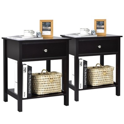 2PCS Nightstand Wooden Bedside Sofa Side Table w/ Drawer Storage Shelf Black
