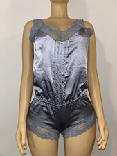 Victoria s Secret Angels Romper Small Silver Satin Lace Trim Teddy Vintage Y2K