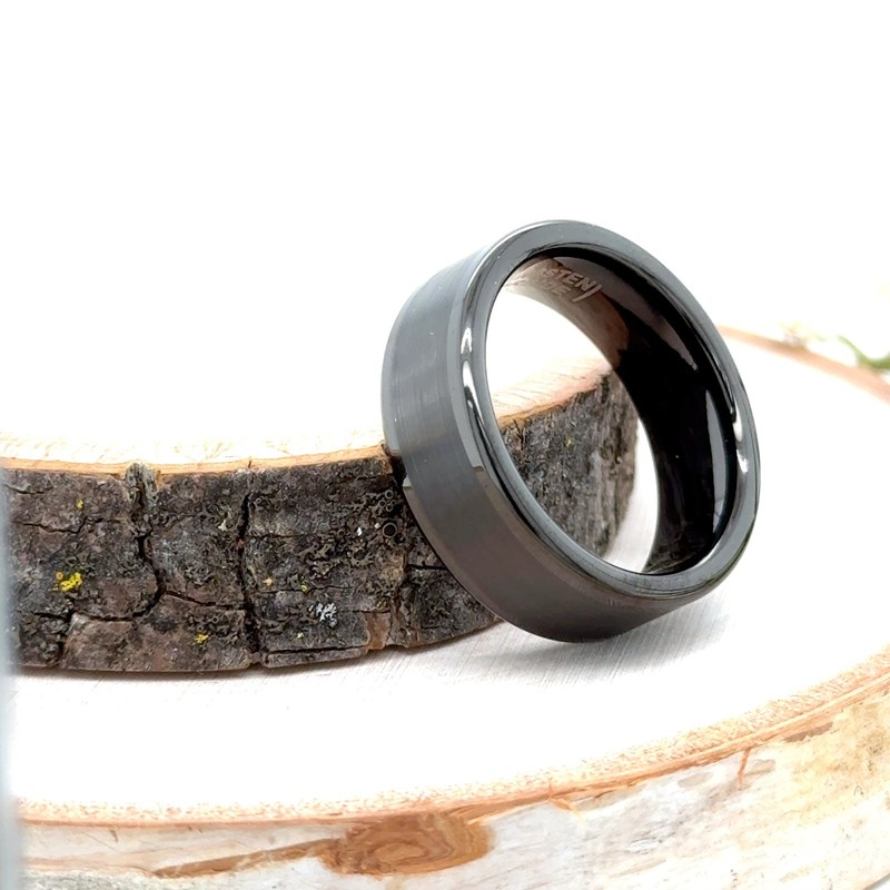 Brushed & Stepped Edge Band for Christmas Gifts 8mm Gray Tungsten Engraving Ring