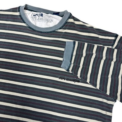 Vintage 90s Pepe Jeans London M Striped Long Sleeve Shirt Grey Burgundy USA
