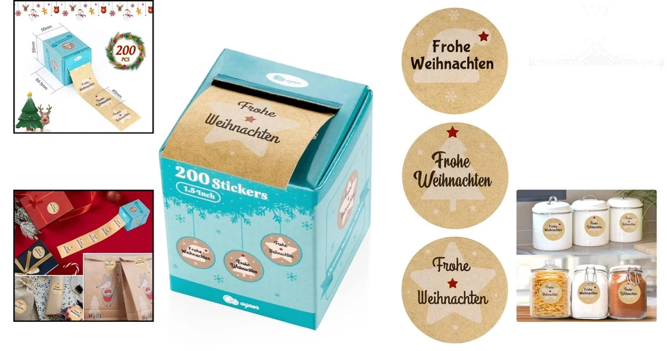 200 Stück Weihnachtsaufkleber Sticker Set Kraftpapier Weihnachtsdeko Geschenk - Bild 2 von 4