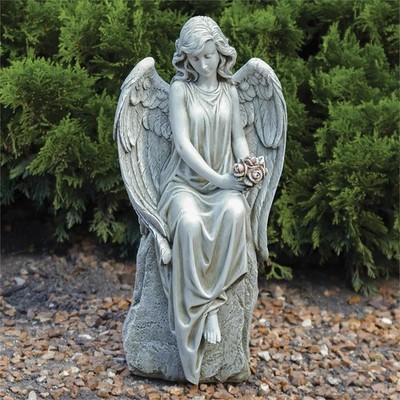 ANGEL WITH ROSE BOUQUET GARDEN STATUE - GARDEN SCULPTURE