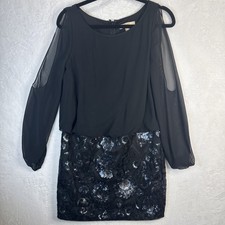 Aidan Black Evening Mini Dress Sequins Long Sleeve Sz 6 Special Occasion