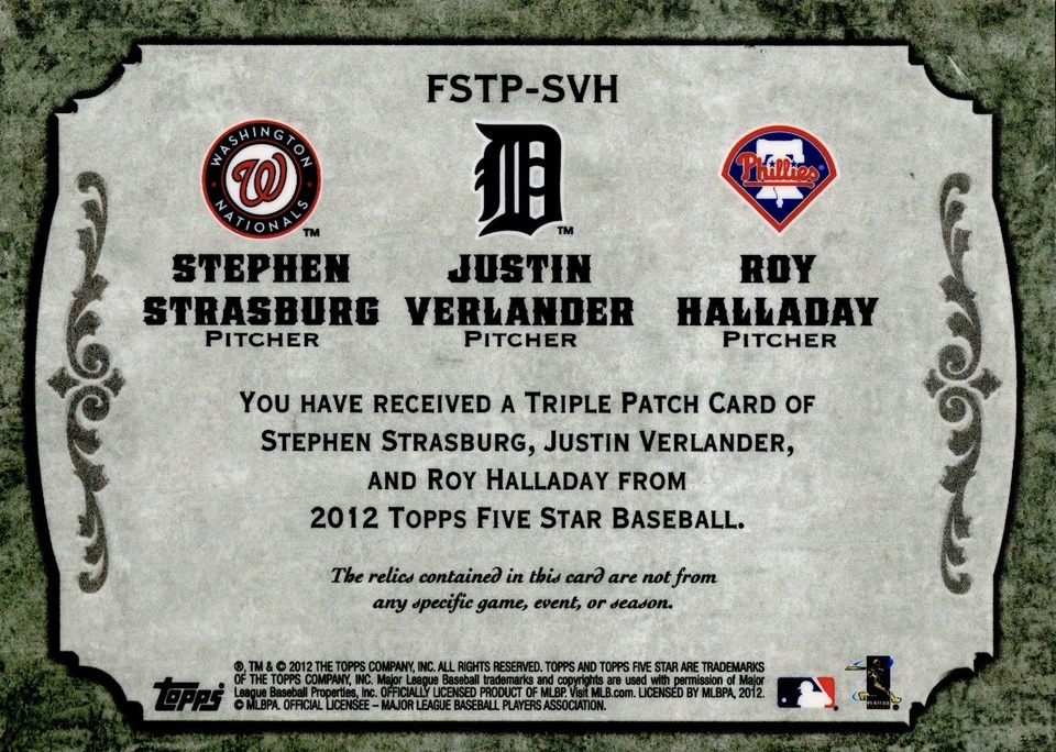 2012 Topps Five Star Triple Patches #SVH Strasburg/Verlander/Halladay 1/5! - Image 2 of 2