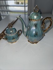 Tea Pot And Sugar Bowl Set Blue Gold Accents Made In Japan Lusterware Iridescent