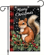 Christmas Garden Flag Cute Squirrel Pine Cones Holly 12X18 Inch Double Sided Out