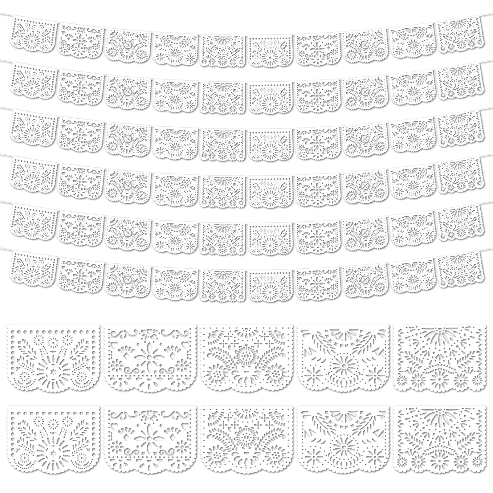 6 Pack White Papel Picado Banner Mexican Party Banner Wedding Fiesta Party Di...