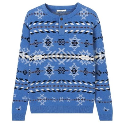 LE 31 X SIMONS Henley Sweater Men's Sz Small Blue Aztec Knit Grunge Soft Cotton