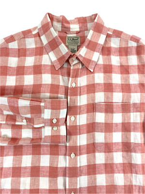 LL Bean Men's SLIGHTLY FITTED 100% Linen Pocket Rose Pink Plaid Shirt XL