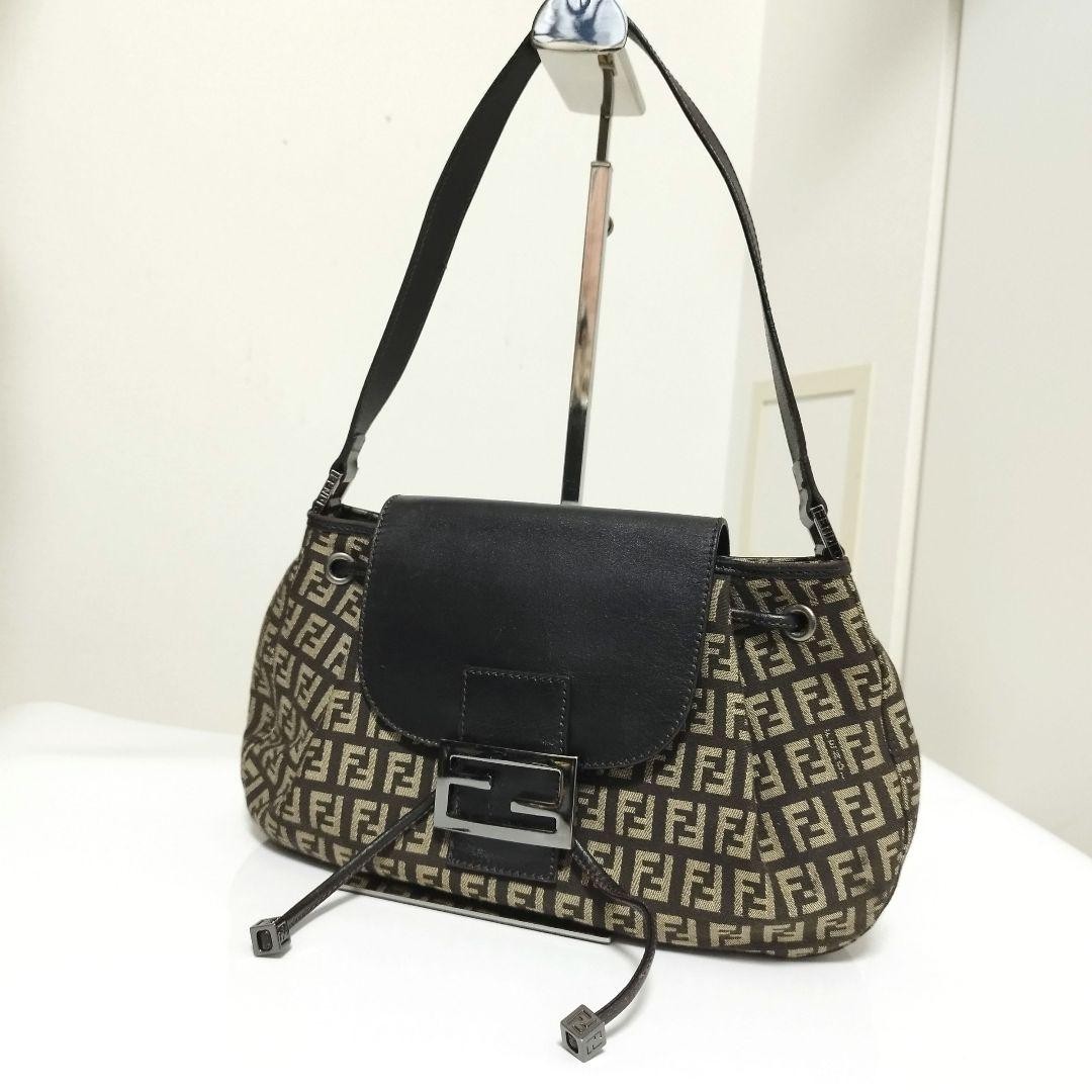 Vintage FENDI Mamma Baguette Brown Zucca Canvas Leather Shoulder Handbag