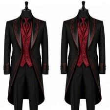 Men's Suits Red Embroidered Tailcoat Jacquard Vest Halloween Cosplay Outfit 3Pcs