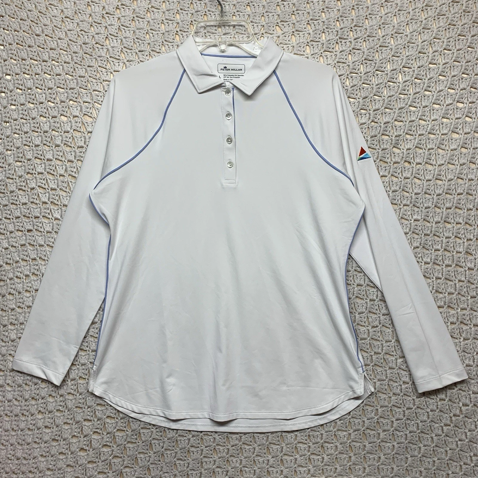 Peter Millar Polo Shirt Womens Sz L White 50+ Sun Protection long sleeve Golf