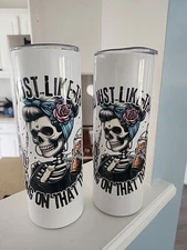2x Zonegrace Stainless Steel Skinny Tumblers  & Lids 20oz Halloween Skeleton 