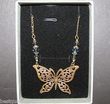 TYLER CODY VINTAGE BRASS GOLD TONE BUTTERFLY+SWAROVSKI CRYSTAL NECKLACE-NEW+BOX