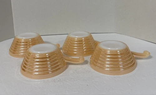 Vintage FIREKING Peach Luster Beehive Handle Soup Bowl Anchor Hocking Set of 4