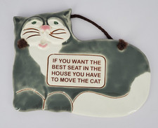Smoky Mountain Pottery Cat Hanging Wall Plaque VTG Grey/White 7 3/4" Best Seat