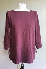 Talbots M P Petite Maroon Velvet Bow Side Top Square Neck Cotton 3/4 Sleeve