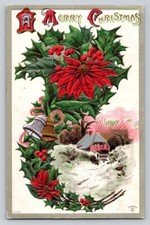 Postcard c1910 House In Country Snow Poinsettia Bells Christmas By Sander P159