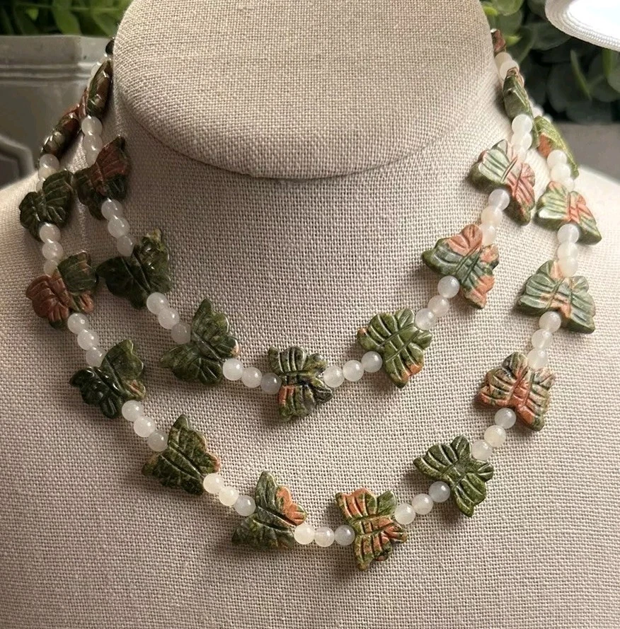 3 pc Unakite & Jadeite Jade Green & White Butterfly 2 Necklace & Bracelet Set - Image 2 of 4