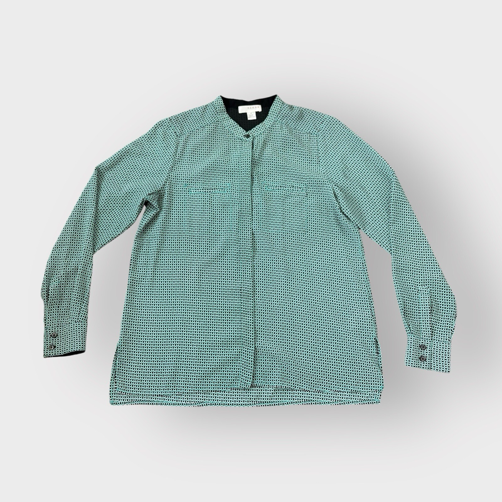 Kenar Teal Black Patterned Button Down Blouse - image 1