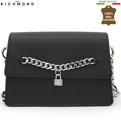 John Richmond Umhängetasche Leder schwarz mit Kette Made in Italy