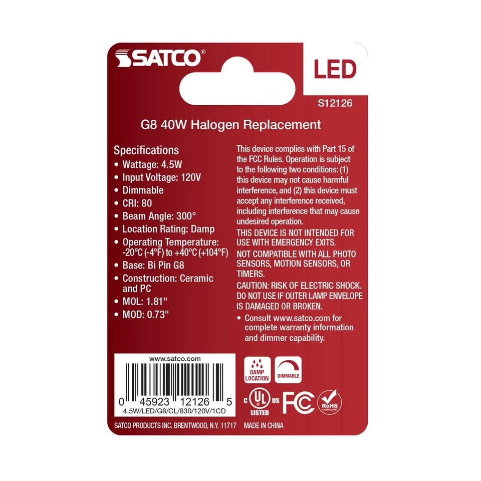 Satco S12126 - 4.5 Watt Mini LED Bulbs - G8 Base -3000K ( 2, 5, 10 or 20 Pack) - Image 3 of 4