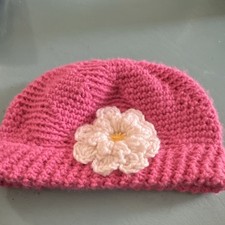 Pink Knit Baby Beanie with White Crochet Flower Accent, Handmade Yarn