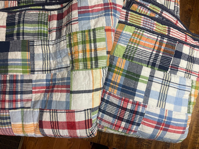 Pottery Barn Kids Blue Madras Plaid Patchwork Reversible Quilt Twin Set of 2