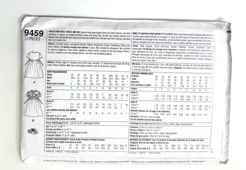 Simplicity 9459 Girls 3-4-5-6 Empire Button Front Dress Hat Rare Edition Pattern - Picture 2 of 2