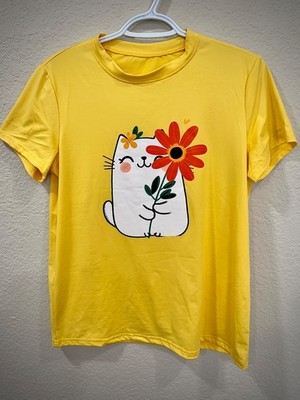 T-shirt, Women's M, Polyester, Yellow With Front Kitten Imprint