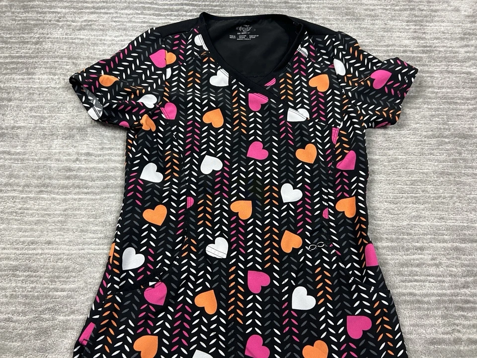Cherokee Infinity Scrub Top Womens XS Hearts Short Sleeve VNeck - Image 2 of 4