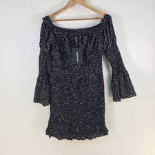 NEW PRETTYLITTLETHING dress womens 18 black shirred bodycon mini polka dot115615