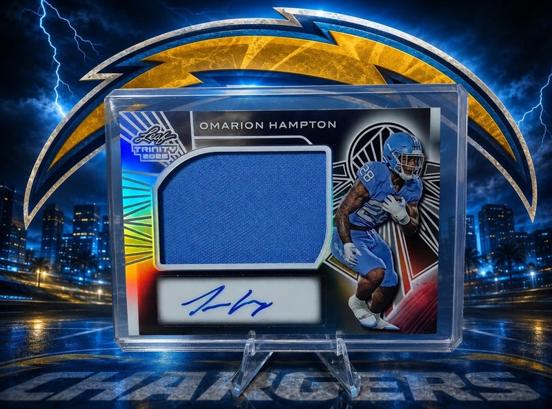  Omarion Hampton RC Rookie Patch Auto BLUE Foil RPA #d /35 2025 Leaf Trinity RPS