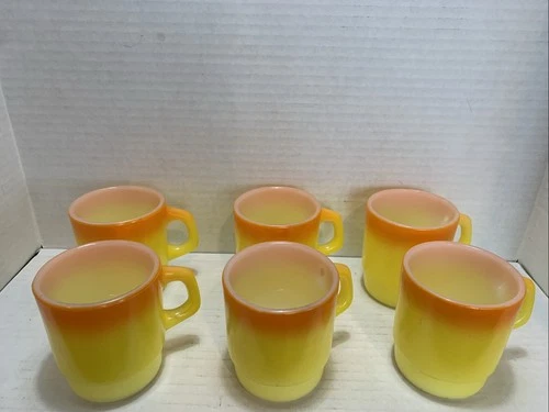 Anchor Hocking Mug Set of 6 Vintage Yellow Orange Fire King Ware Stacking Glass