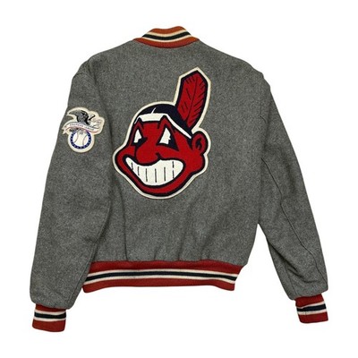VTG 90s CLEVELAND INDIANS DELONG WOOL VARSITY JACKET  SIZE 40  MADE IN USA GRAY