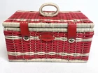Beautiful Vintage Country Fair Picnic Basket Red/White Woven Plastic Sewing Box
