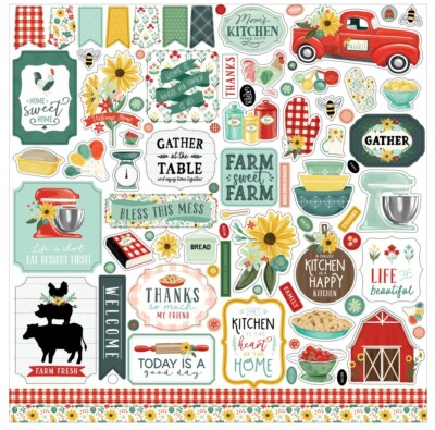 (1) 12x12 Sheet Carta Bella Paper SUNFLOWER MARKET Scrapbook Element Stickers