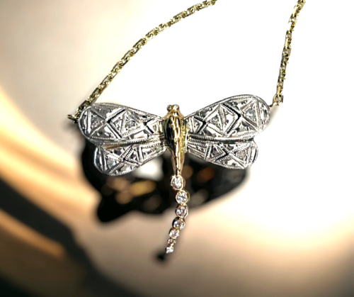 Original OOAK Vintage Diamond Dragonfly Necklace in Platinum and 14K Yellow Gold - Picture 1 of 7